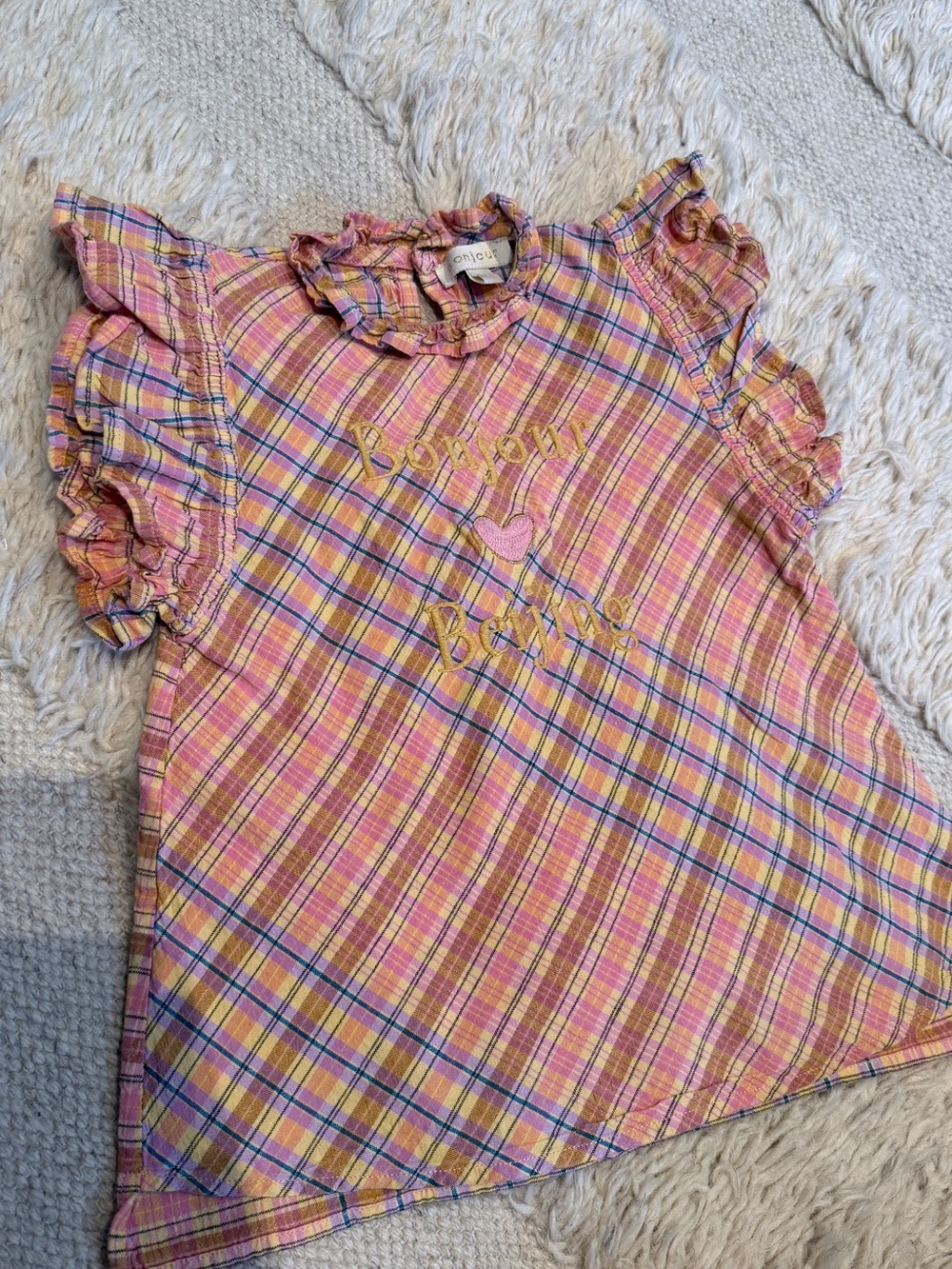 Bonjour Diary Pink Plaid Ruffle-Sleeve Tee with Gold Heart Accent